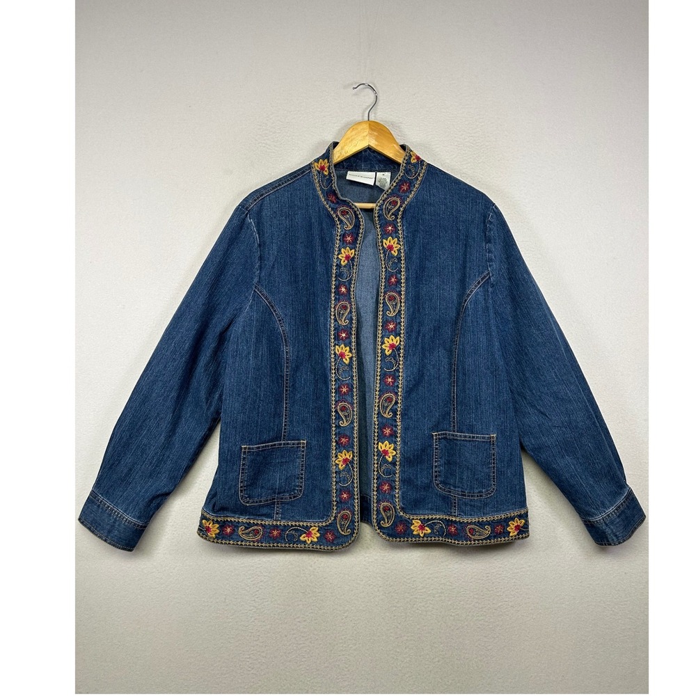 Boho Artsy Alfred Dunner Womens 16 Blue‎ Embroidered Paisley Denim Open Jacket